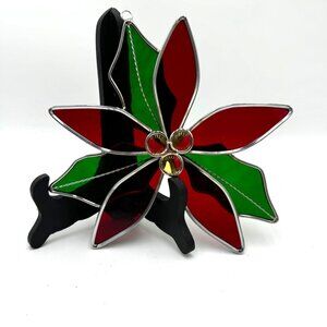 Large Handmade Poinsettia Stained Glass Sun-Catcher Winter Holiday Decor